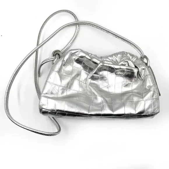 Mansur Gavriel Mini Cloud Clutch Bag Silver Metallic Leather Crossbody Strap - Picture 3 of 15